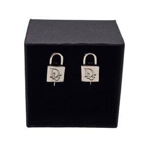 Christian Dior Vintage Padlock Screw Back Clip On Earrings Silver Tone Logo Lock